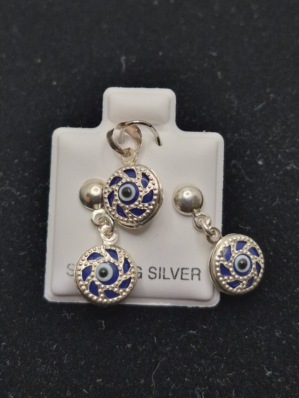 .925 Sterling Silver Round Evil Eye Earrings and Pendant